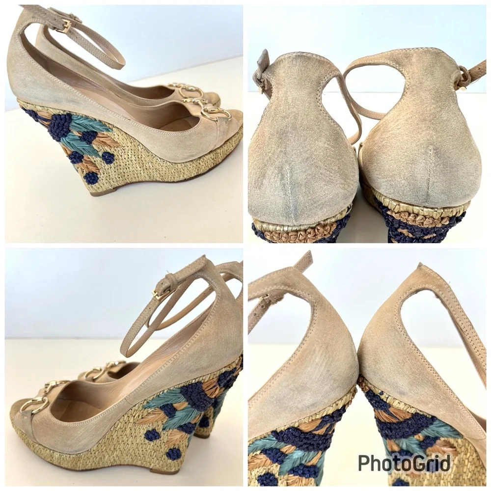 GUCCI Floral Embroidery Beige Suede Horsebit Ankle Strap Wedges Espadrilles Sz 8